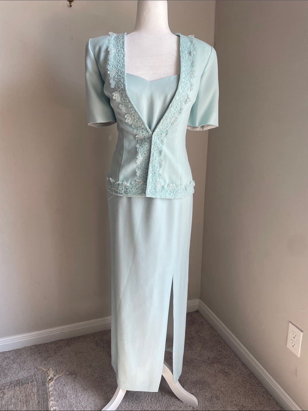 Vintage Elegant Light blue Midi Dress with Beaded Blazer Karen Miller